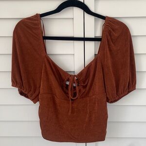 Sophie Rue Ruched Puff Sleeve Keyhole Crop Top Cinnamon Shimmer Large
